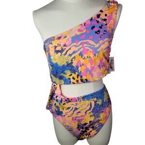 Jessica Simpson Lip Gloss Women Abstract One-Shoulder Cutout Swimsuit Size XL